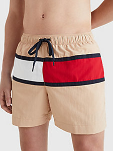 beige hilfiger flag mid length swim shorts for men tommy hilfiger