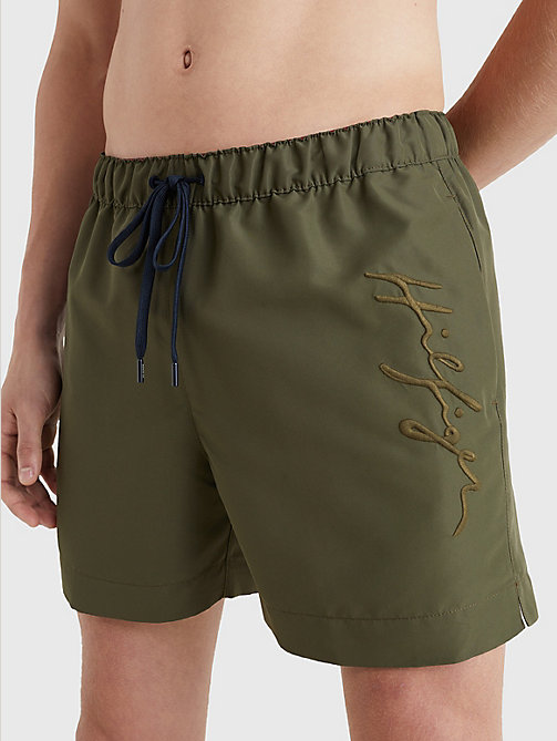 khaki mid length signature logo swim shorts for men tommy hilfiger