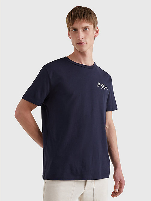 t-shirt in cotone biologico con logo firma blu da men tommy hilfiger