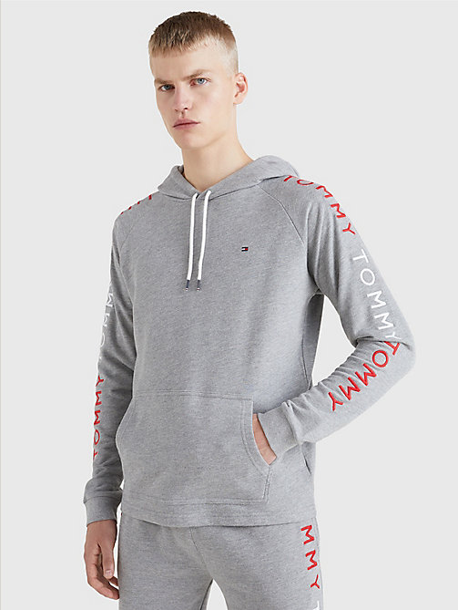 grey logo embroidery sleeve hoody for men tommy jeans