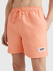 orange logo patch mid length swim shorts for men tommy jeans