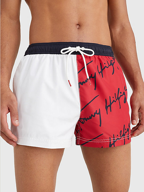 red signature logo short length swim shorts for men tommy hilfiger