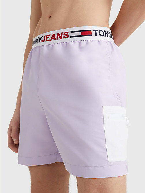 purple logo waistband mid length swim shorts for men tommy jeans