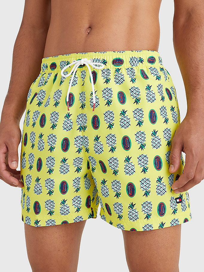 yellow print drawstring mid length swim shorts for men tommy hilfiger