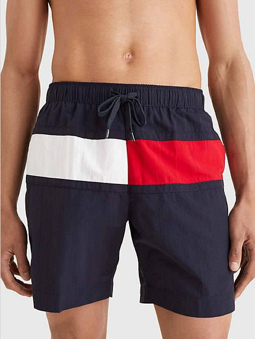 blue colour-blocked long length swim shorts for men tommy hilfiger