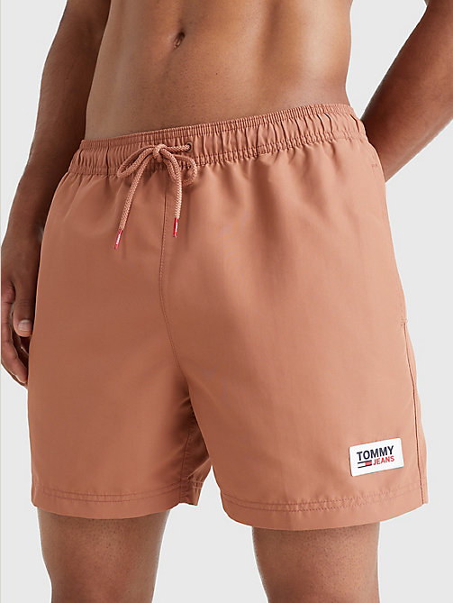 brown essential drawstring mid length swim shorts for men tommy jeans