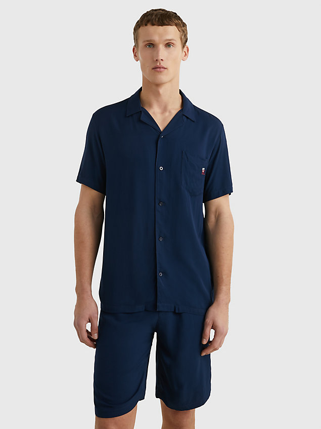 blue th monogram short sleeve pyjama shirt for men tommy hilfiger