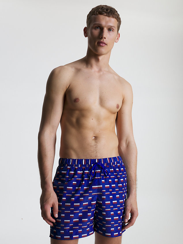 blue essential medium lange zwemshort met print voor heren - tommy hilfiger