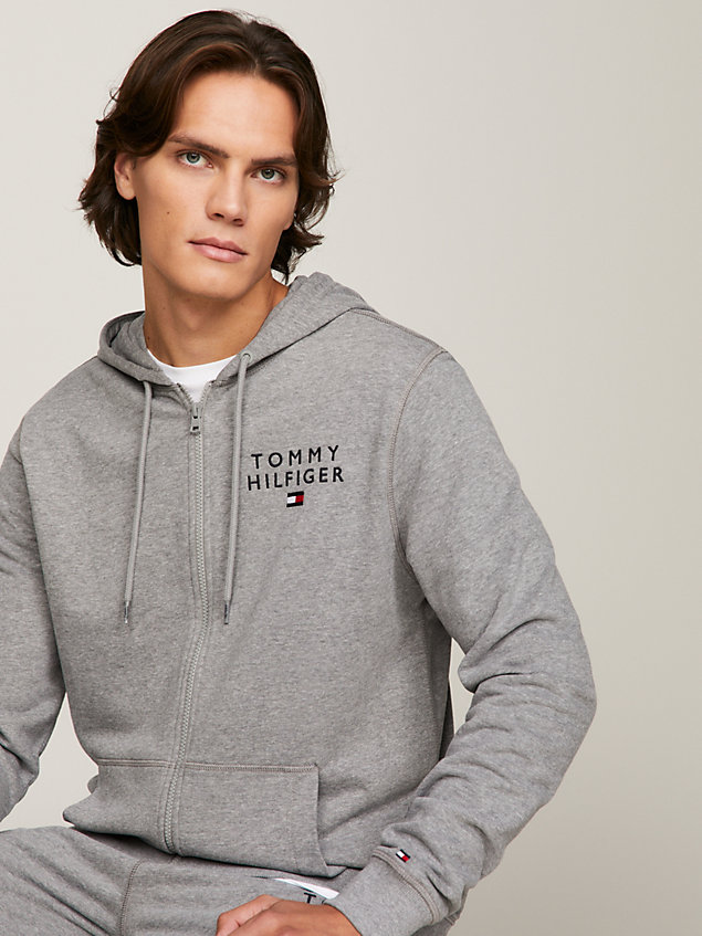 grey hoodie met ritssluiting en logo voor heren - tommy hilfiger