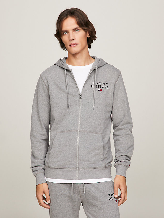 grey hoodie met ritssluiting en logo voor heren - tommy hilfiger
