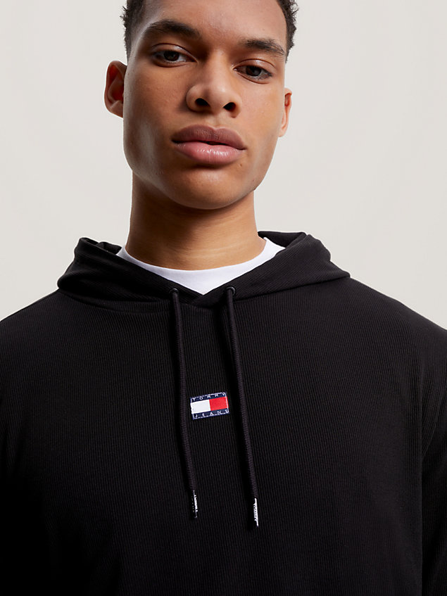 black heritage badge ribbed lounge hoody for men tommy jeans