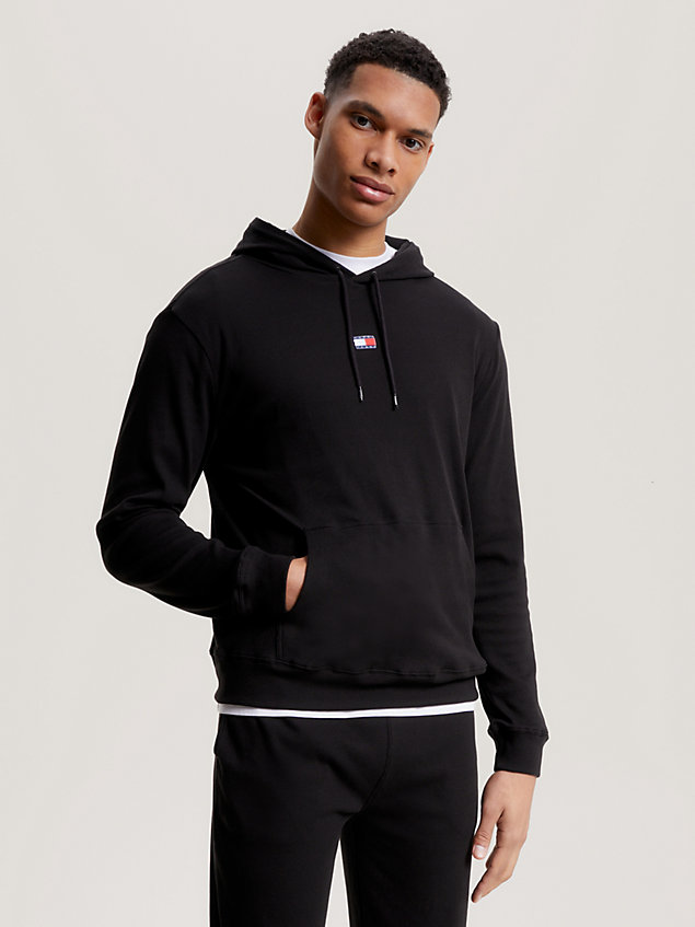 black heritage badge ribbed lounge hoody for men tommy jeans