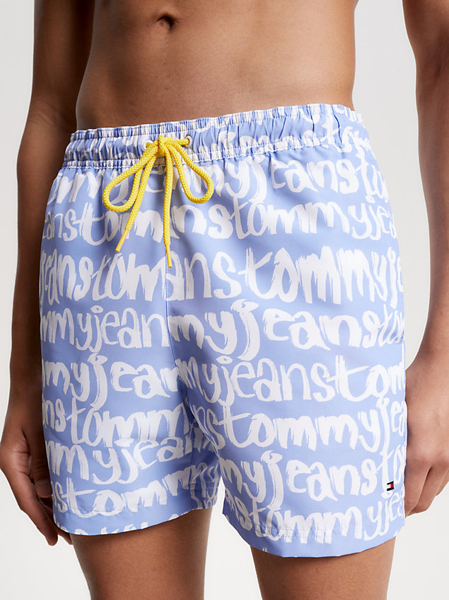 white essential print spell-out mid length swim shorts for men tommy jeans