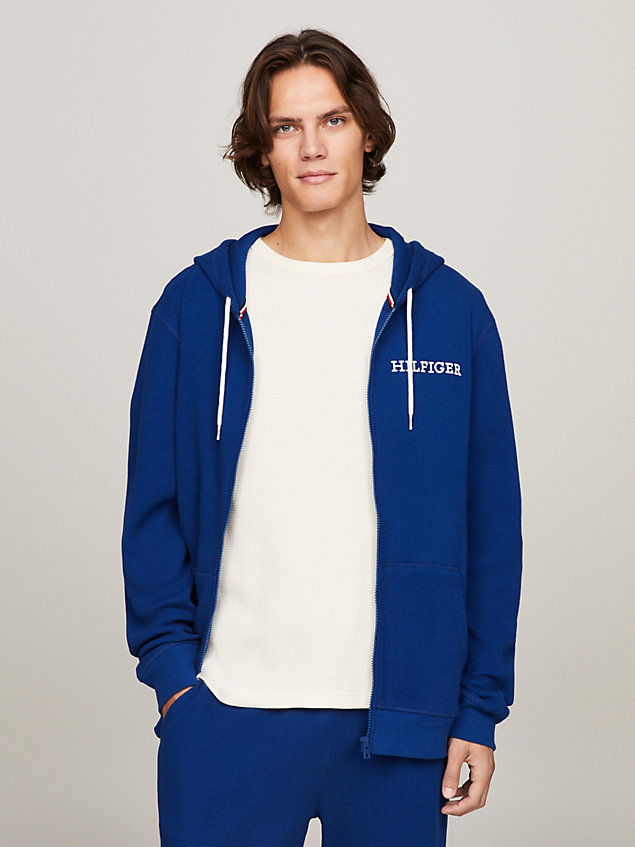 blue hilfiger monotype hoodie mit waffel-struktur für herren - tommy hilfiger