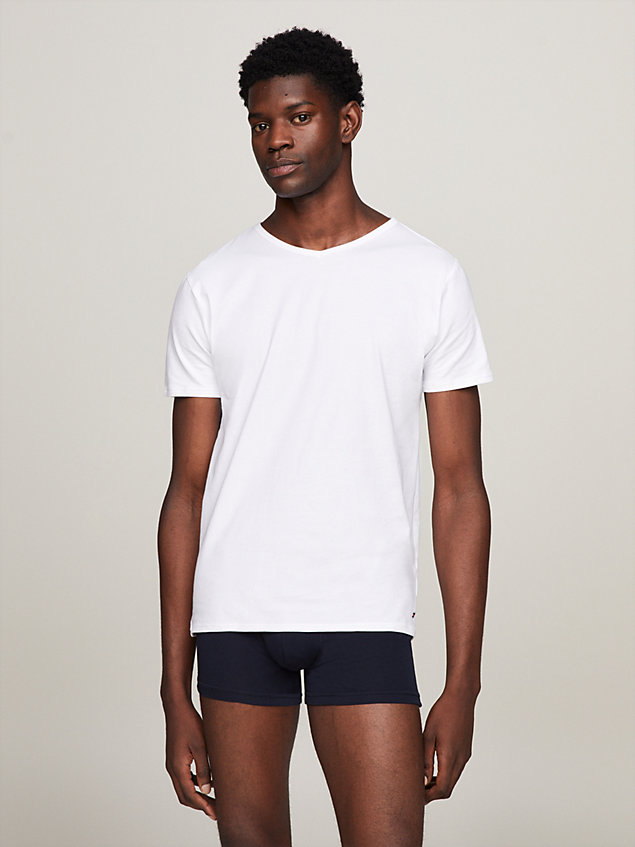 t-shirt in cotone con scollo a v (confezione da 3) white da uomo tommy hilfiger