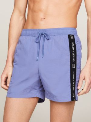 Slim-Fit Mid-Length Logo-Print Striped Swim Shorts