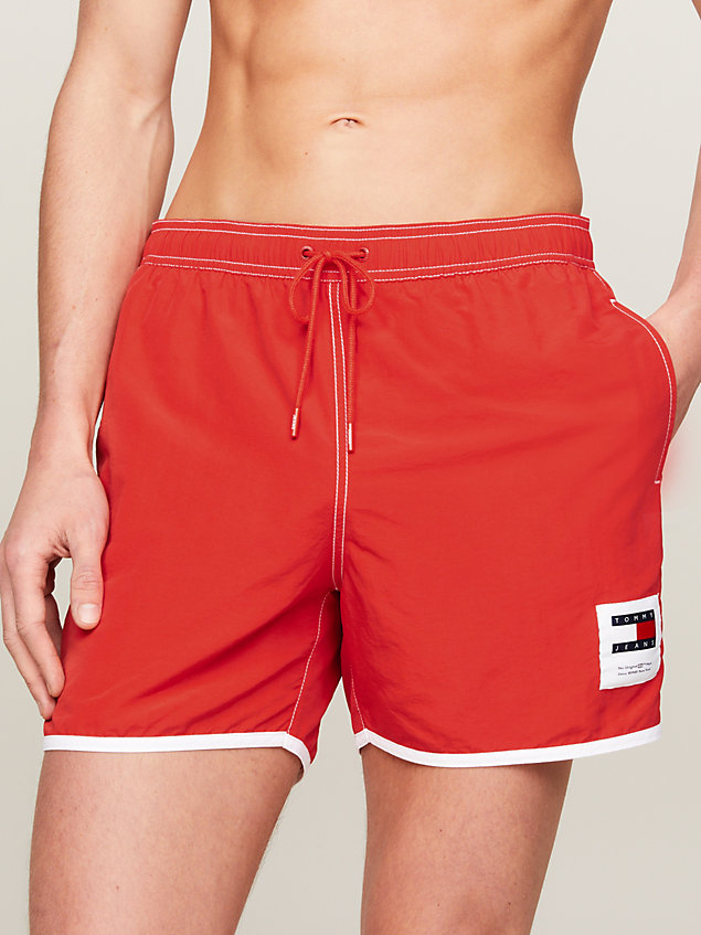 red contrast mid length slim swim shorts for men tommy jeans