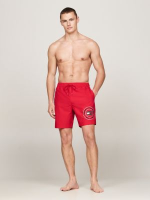 red hilfiger logo drawstring long length swim shorts for men tommy hilfiger