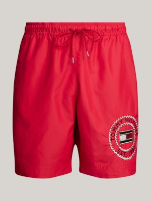 red hilfiger logo drawstring long length swim shorts for men tommy hilfiger