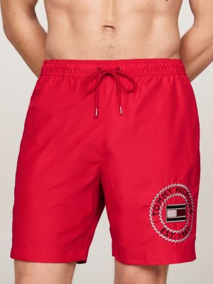 red hilfiger logo drawstring long length swim shorts for men tommy hilfiger