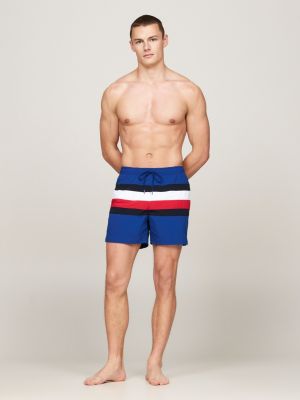 blauw medium lange zwemshort met signature-streep voor heren - tommy hilfiger