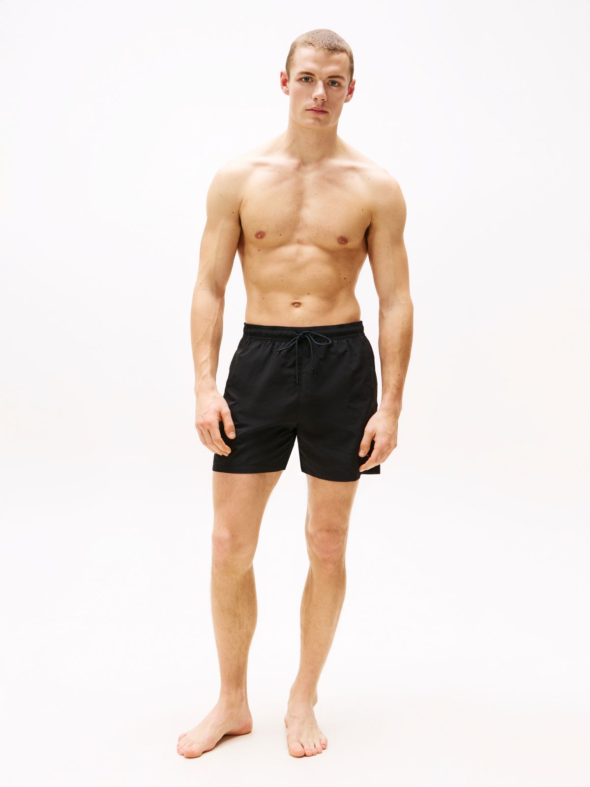 Flag Embroidery Mid Length Swim Shorts — Black