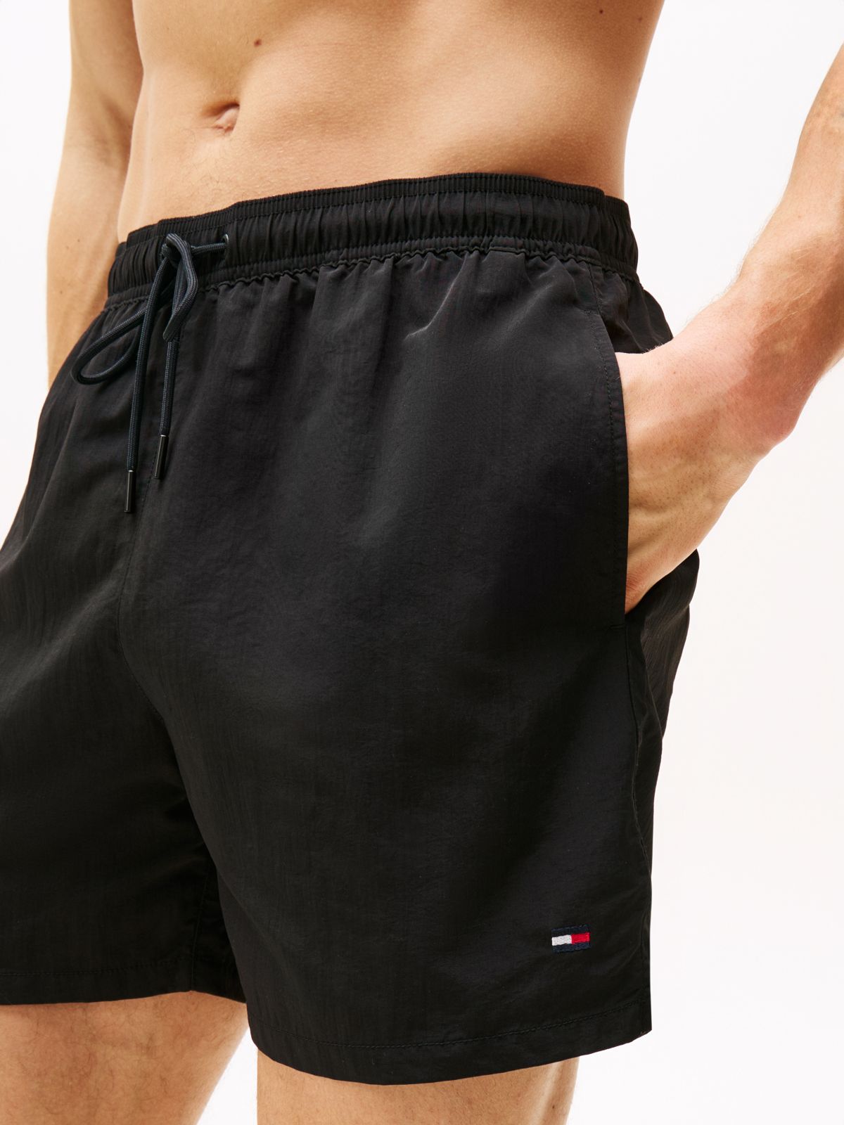 Flag Embroidery Mid Length Swim Shorts — Black