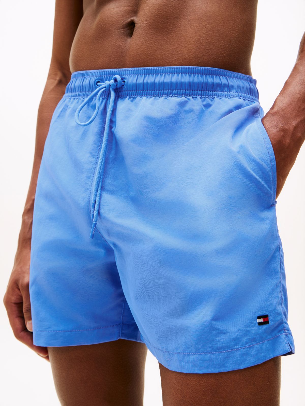 Flag Embroidery Mid Length Swim Shorts — Blue