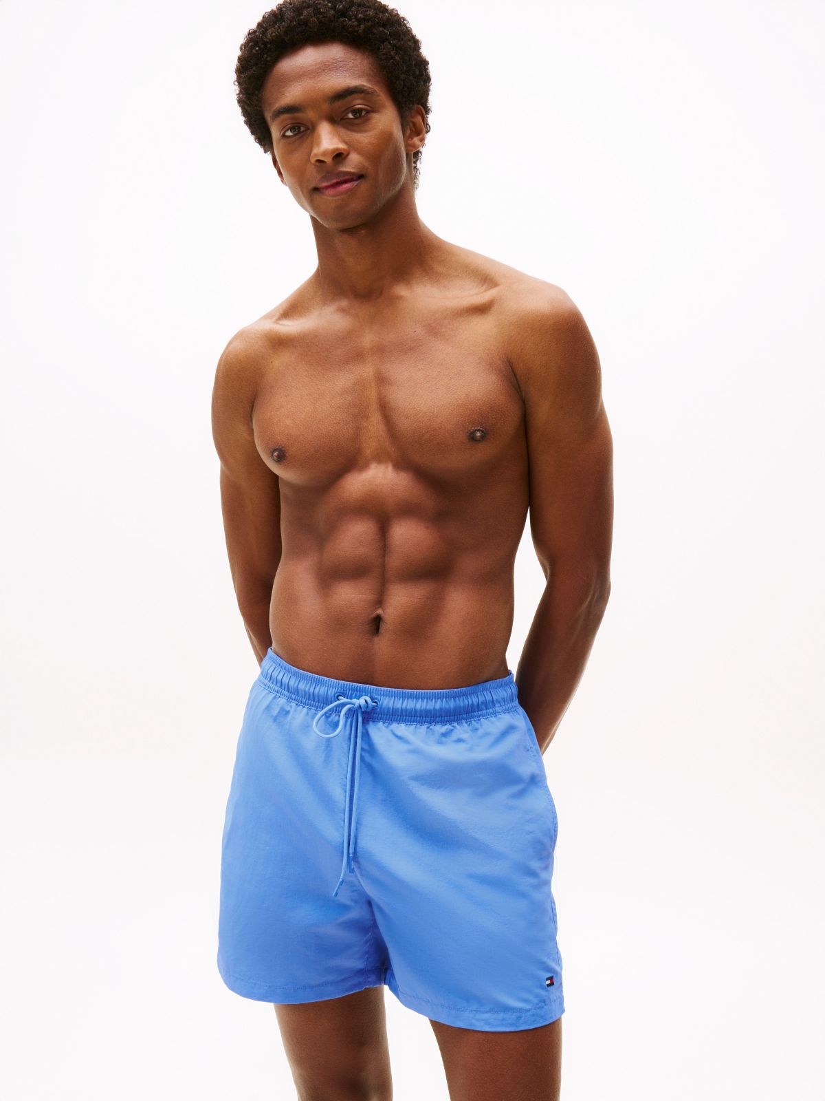 Flag Embroidery Mid Length Swim Shorts — Blue