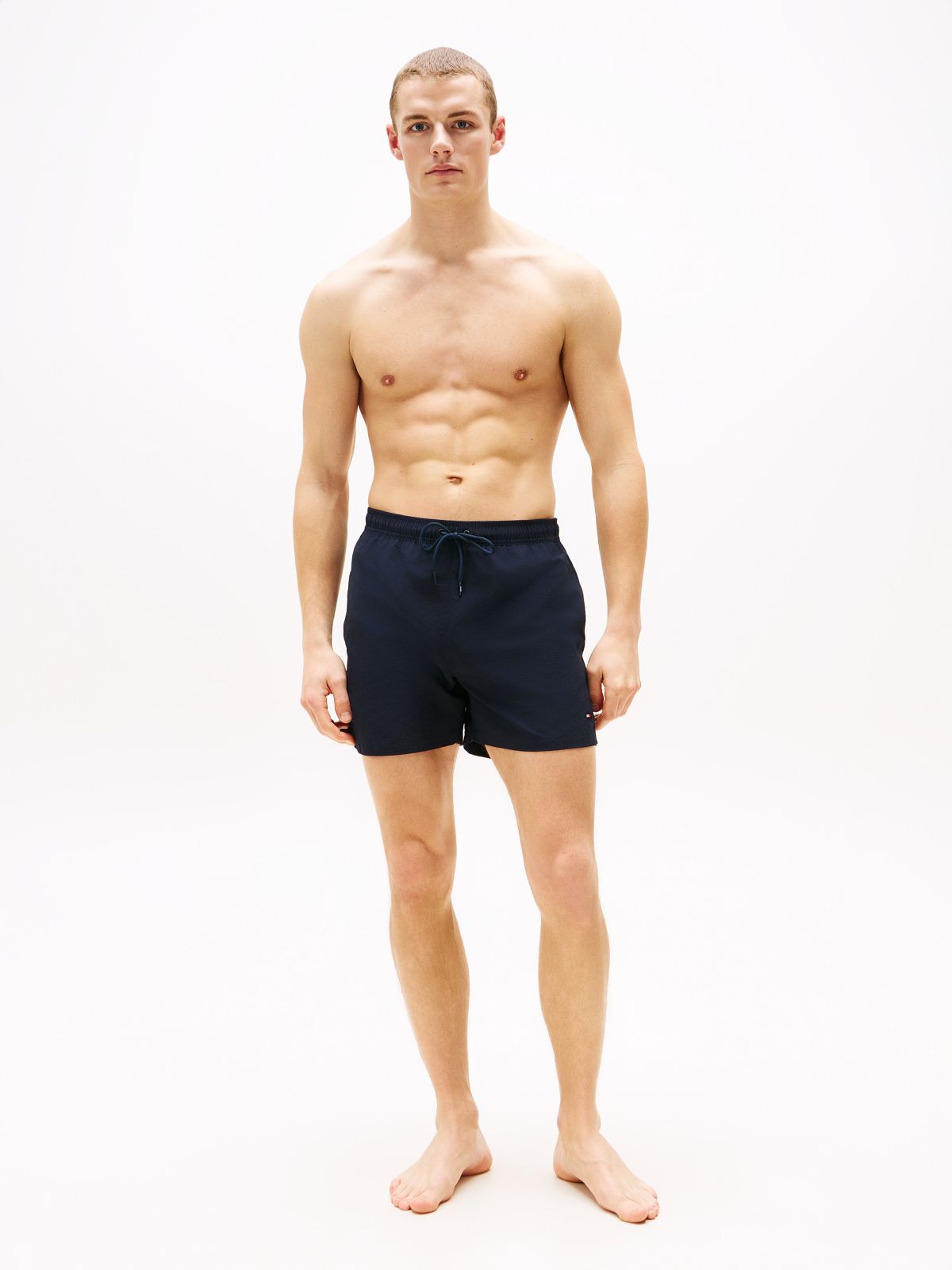 Flag Embroidery Mid Length Swim Shorts — Blue