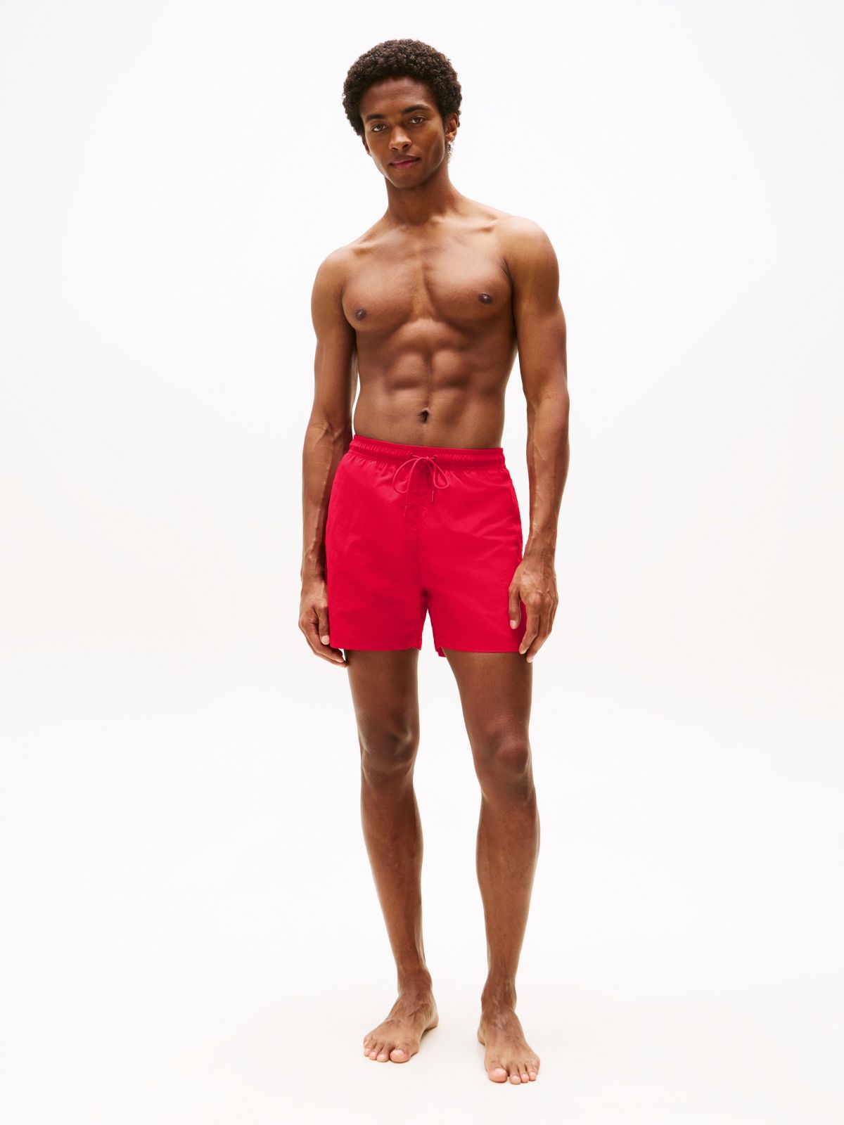 Flag Embroidery Mid Length Swim Shorts — Red