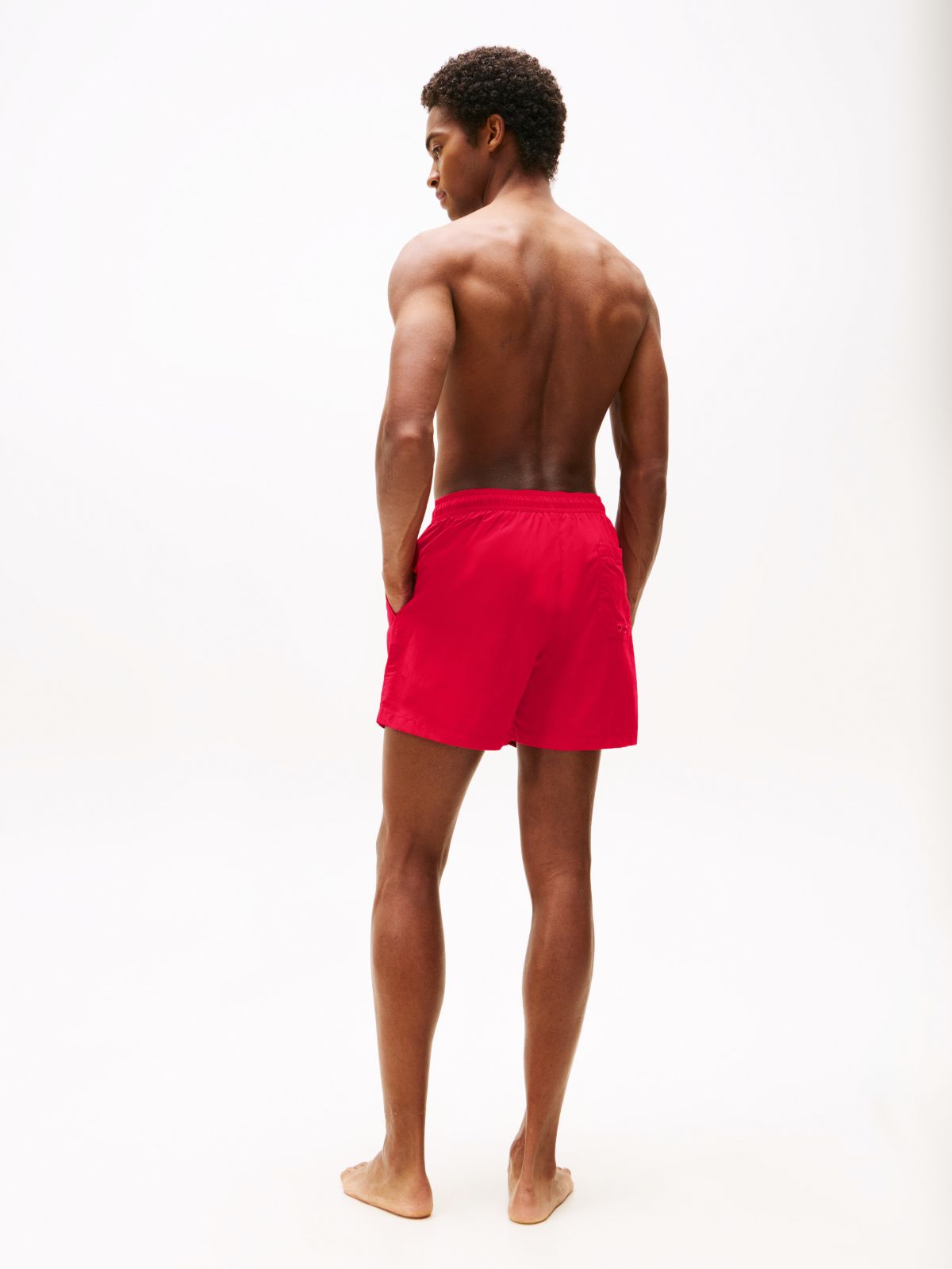 Flag Embroidery Mid Length Swim Shorts — Red