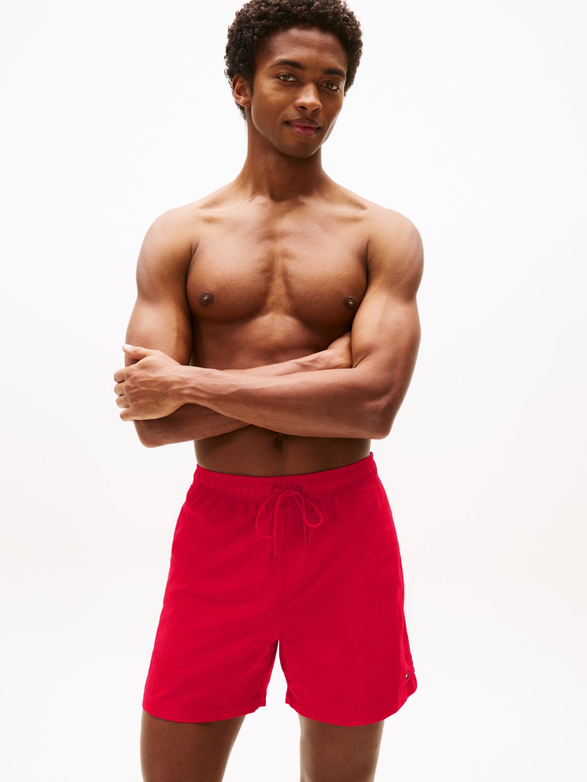 Flag Embroidery Mid Length Swim Shorts — Red