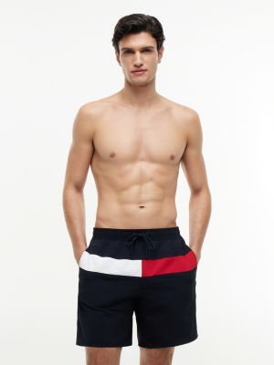 blue colour-blocked long length swim shorts for men tommy hilfiger