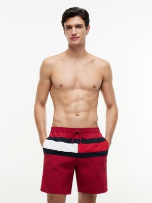 red colour-blocked long length swim shorts for men tommy hilfiger