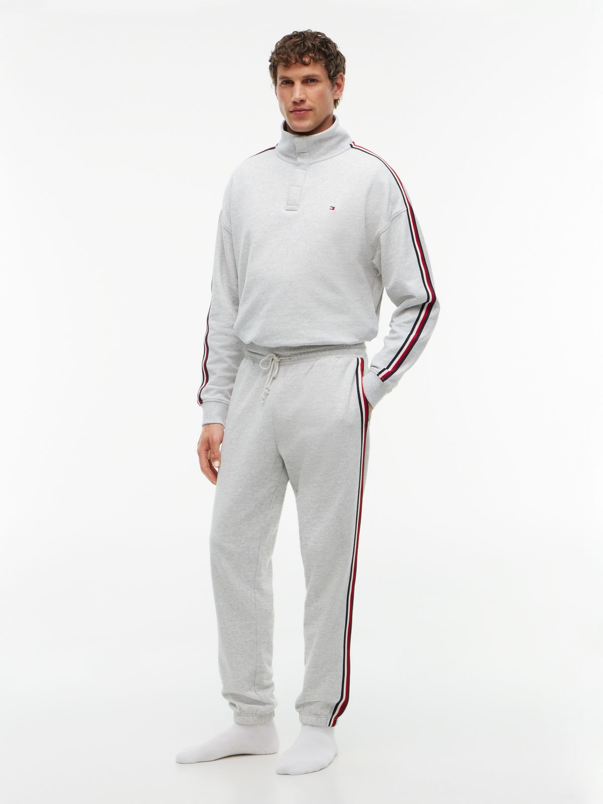Global Stripe Button Lounge Sweatshirt — Grey