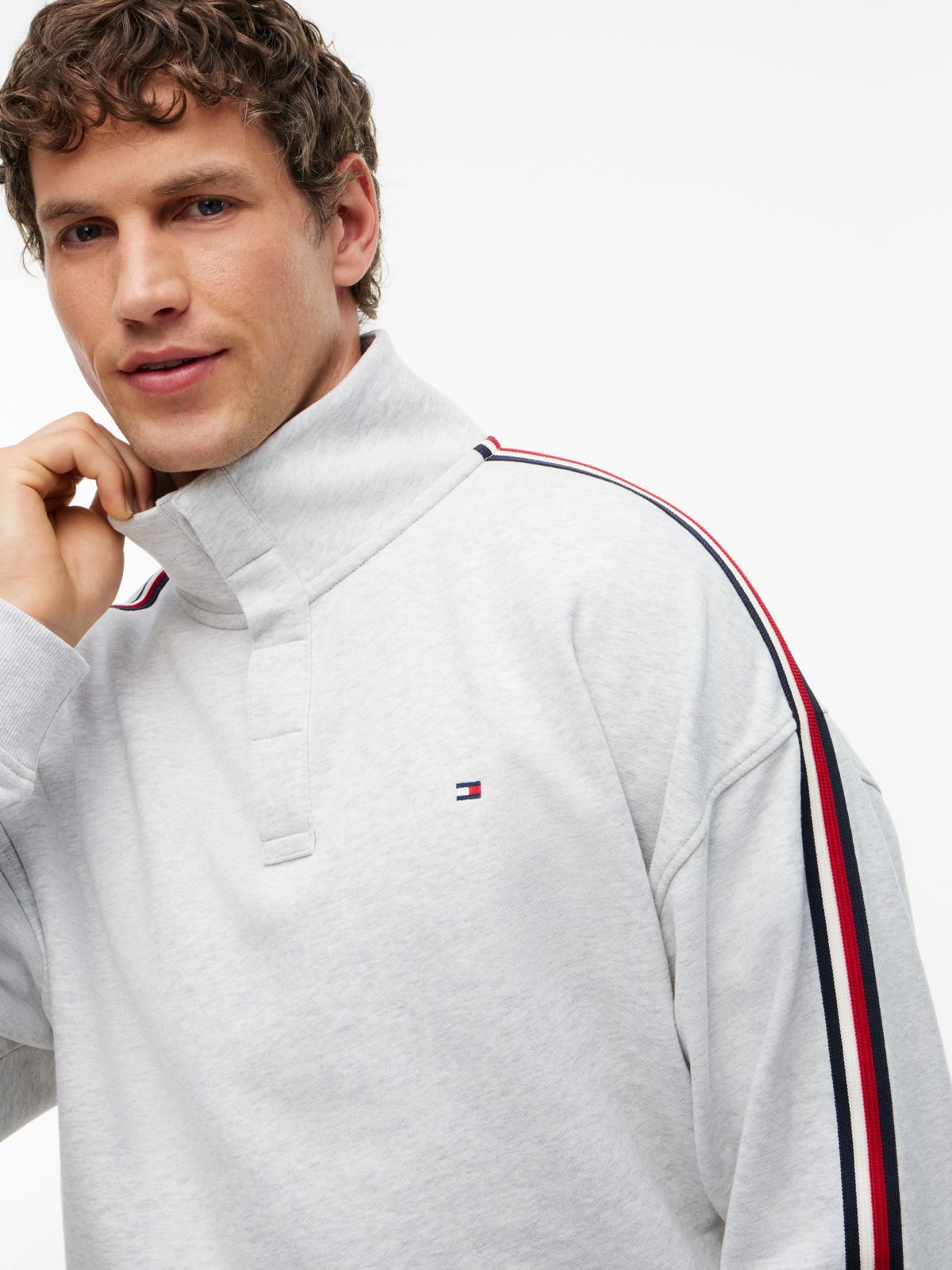 Global Stripe Button Lounge Sweatshirt — Grey