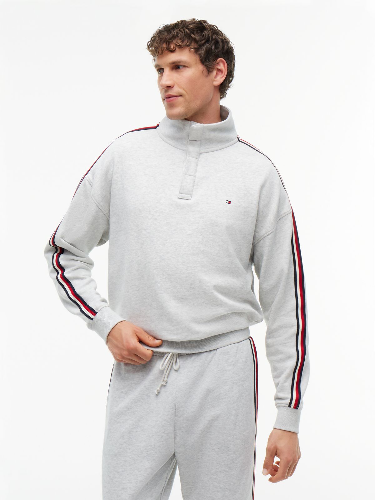 Global Stripe Button Lounge Sweatshirt — Grey
