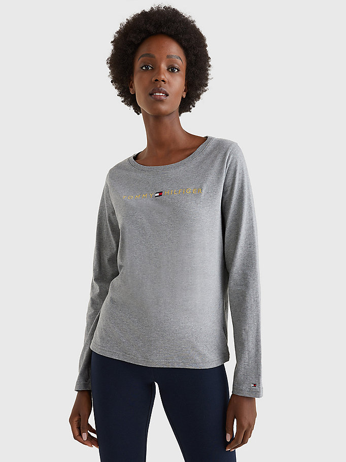 grey long sleeve gold logo t-shirt for women tommy hilfiger
