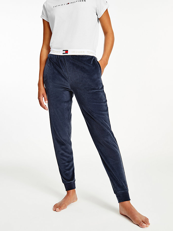 blue velour repeat logo waistband joggers for women tommy hilfiger