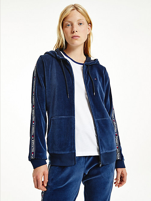 blue lounge rib-knit velour hoody for women tommy jeans