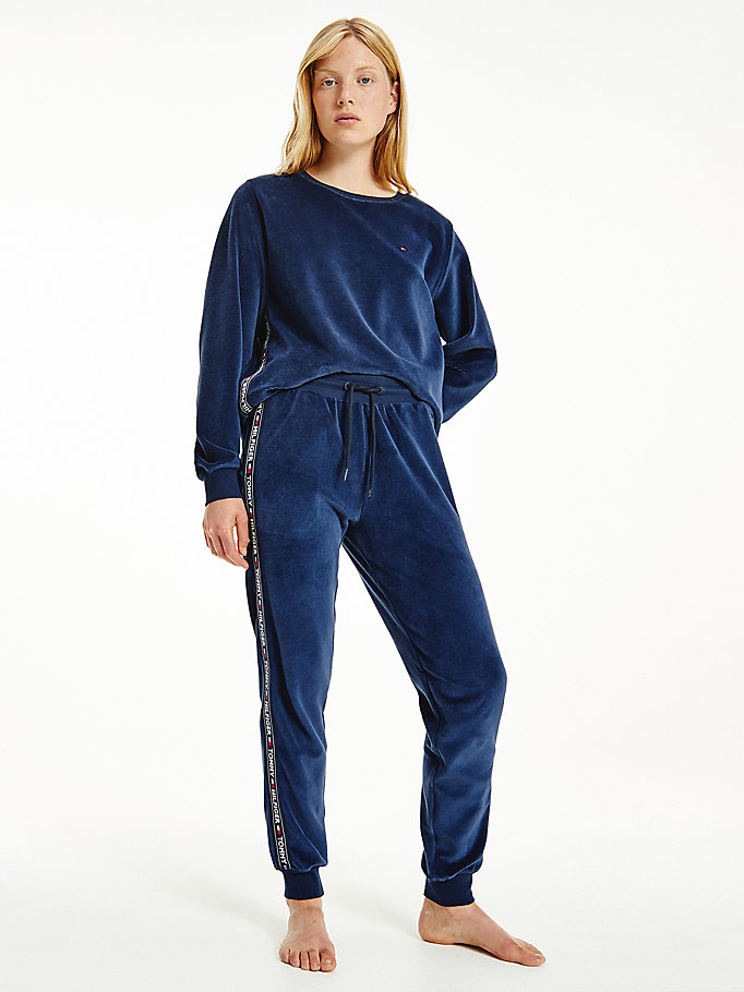 blue lounge drawstring velour joggers for women tommy jeans