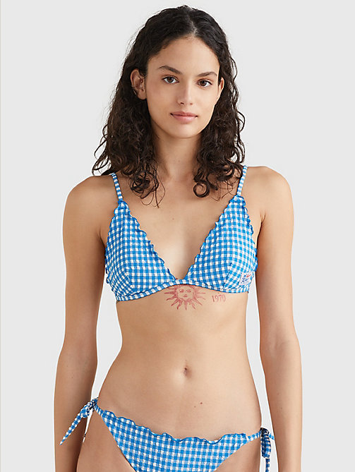 parte superior de bikini de triángulo con cuadros y volante azul de mujer tommy hilfiger