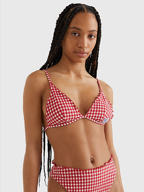 parte superior de bikini de triángulo con cuadros y volante rojo de mujer tommy hilfiger