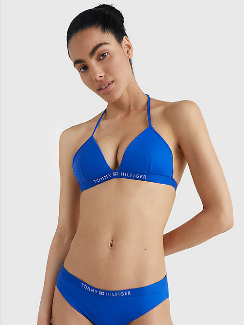 parte superior de bikini de triángulo y logo azul de mujer tommy hilfiger