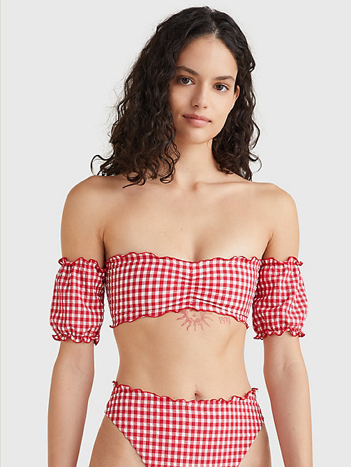 red gingham self-tie bandeau bikini top for women tommy hilfiger