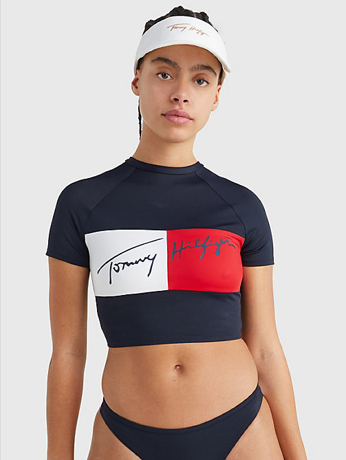 blue colour-blocked cropped rashguard for women tommy hilfiger