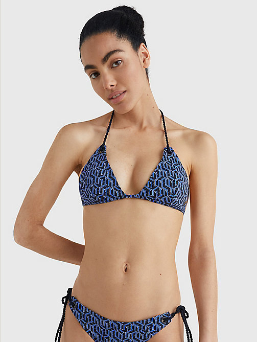 blauw triangel-bikinitop met monogramprint voor dames - tommy hilfiger