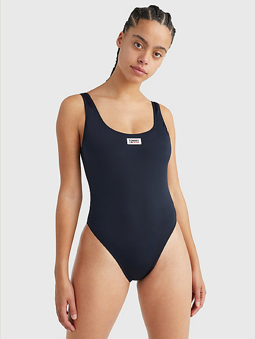 blue scoop back cheeky one-piece swimsuit for women tommy jeans