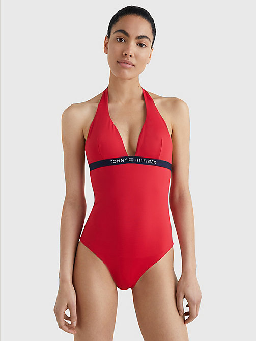 czerwony jednoczęściowy kostium kąpielowy z logo na pasku dla kobiety - tommy hilfiger